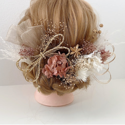 ドライフラワー髪飾り　gold × pink　チュールリボン　水引　ヘッドドレス 成人式　結婚式　前撮り　卒業式 2枚目の画像