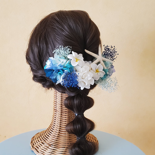 ブルーグリーン プルメリア スターフィッシュ リゾート髪飾り 結婚式