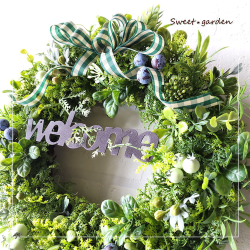 カウベルの優しい音色　夏のグリーンのフライングリース wreath [KASANE]№2 秋色アナベルとルナリアのフライングリース