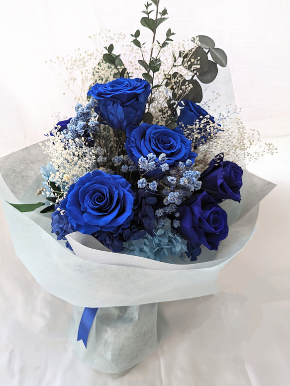 プリザーブドフラワー青い薔薇9輪とかすみ草の花束 プリザーブド