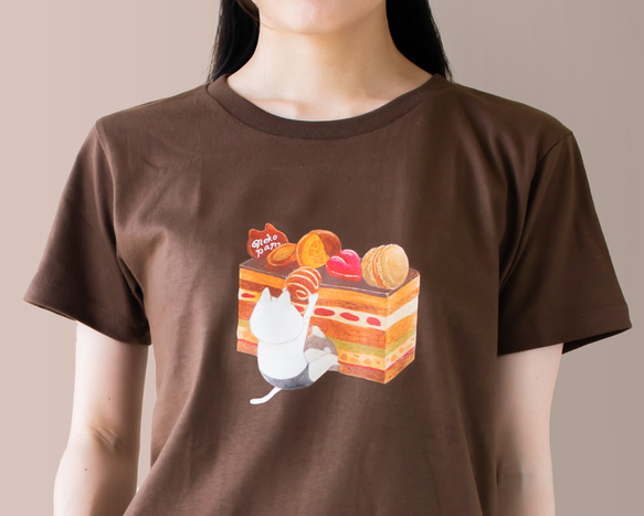オペラケーキとネコぱんのTシャツ ブラウン レディースLサイズ【短期発送】 3枚目の画像