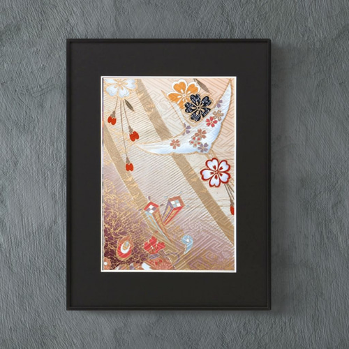 額縁　レア　アート作品 福を招くインテリア】 【作品名：桜鶴】【一点物】着物アート 縁起の