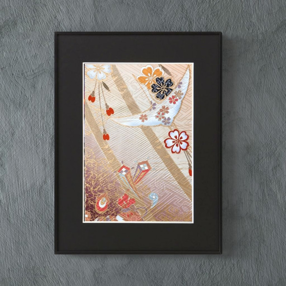 福を招くインテリア】 【作品名：桜鶴】【一点物】着物アート 縁起の