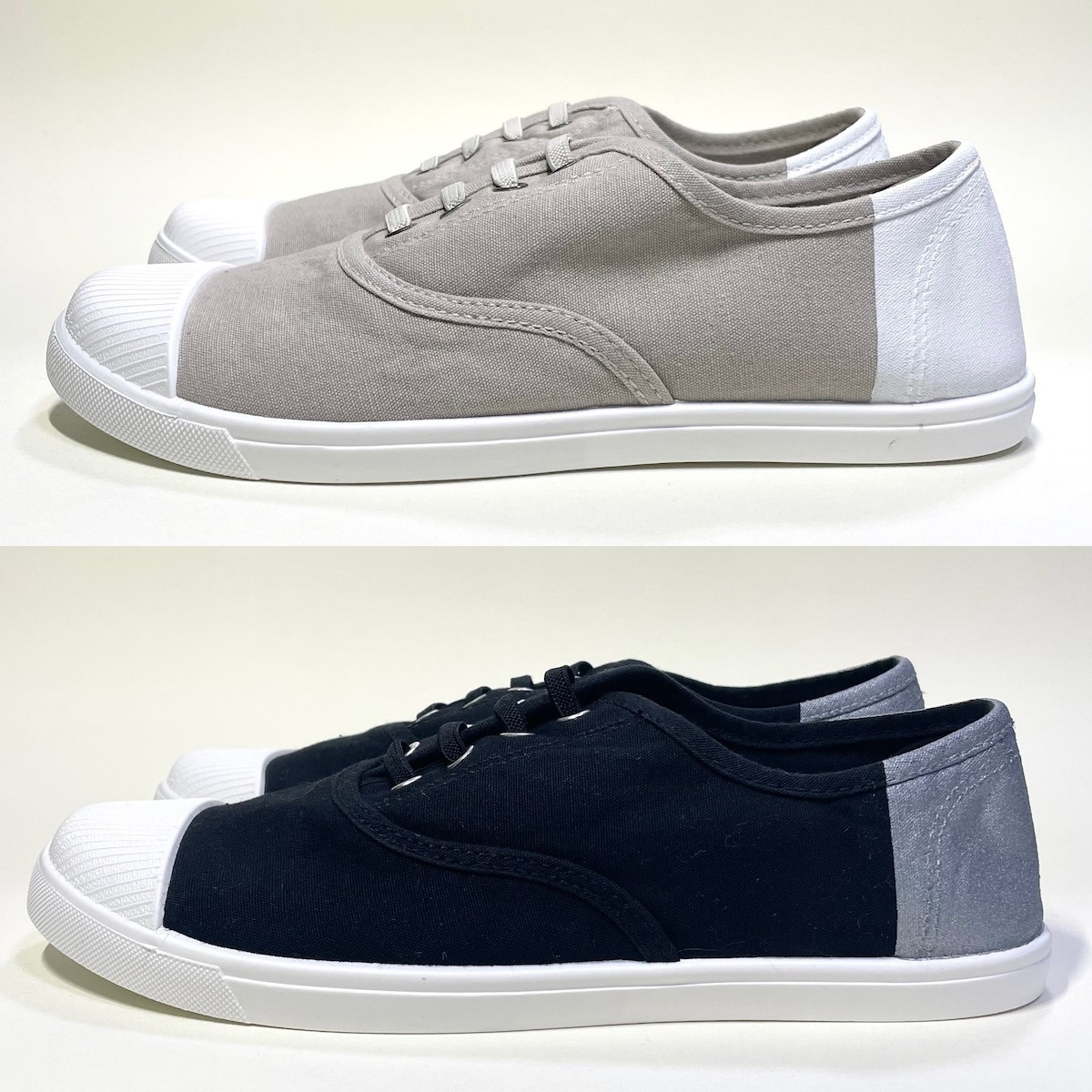 ウォッシュ加工でクタッと柔らかいバイカラーデッキスリッポン (ブラックx銀 / グレーx白) 22.5cm〜24.5cm