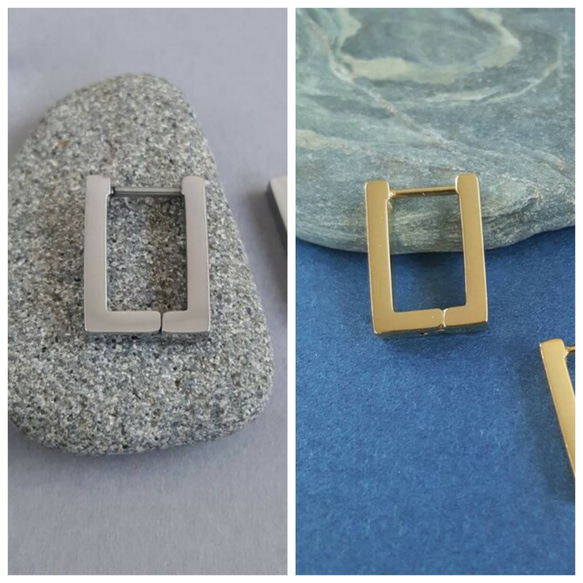 [1ペア] サージカル ステンレス デイリー ピアス ワンタッチ 長方形 スクエア 金属アレルギー対応 1枚目の画像