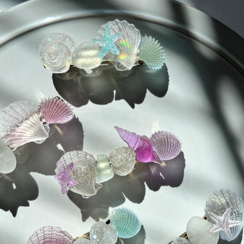 再販♡シーグラスと海の貝殻のレジンのヘアバレッタ♡小さめサイズ