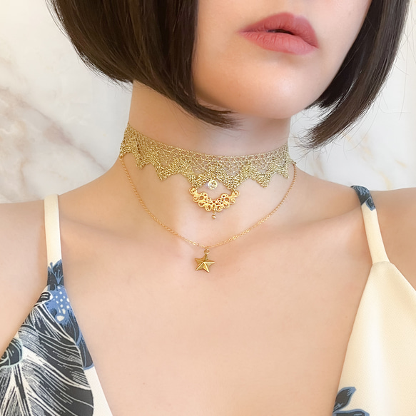 ゴールド：シェヘラザードの首飾り：星とゴールドレースのチョーカー