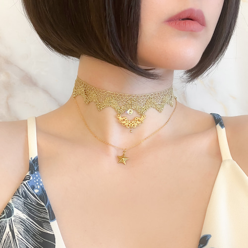 ゴールド：シェヘラザードの首飾り：星とゴールドレースのチョーカー