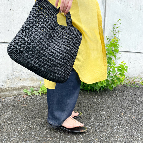 IENA購入　スクエア　ラフィアバッグ 掲載商品】✳︎ 再販売✳︎ スクエアバッグ ブラック コットン
