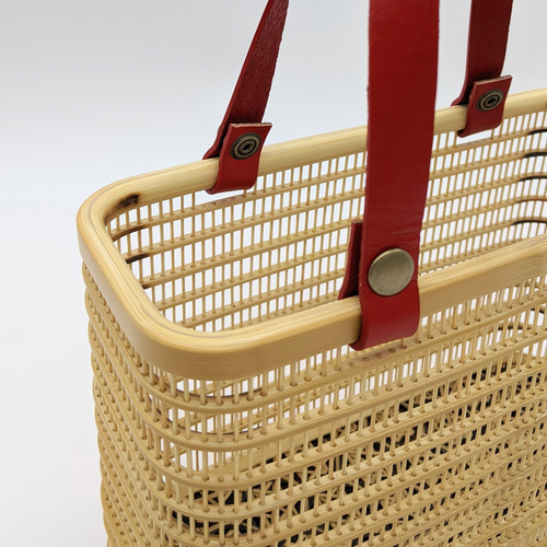 駿河竹細工 竹製品 竹バッグ 涼しげ かご レザー レッド シルク製 古布