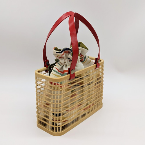 駿河竹細工 竹製品 竹バッグ 涼しげ かご レザー レッド シルク製 古布
