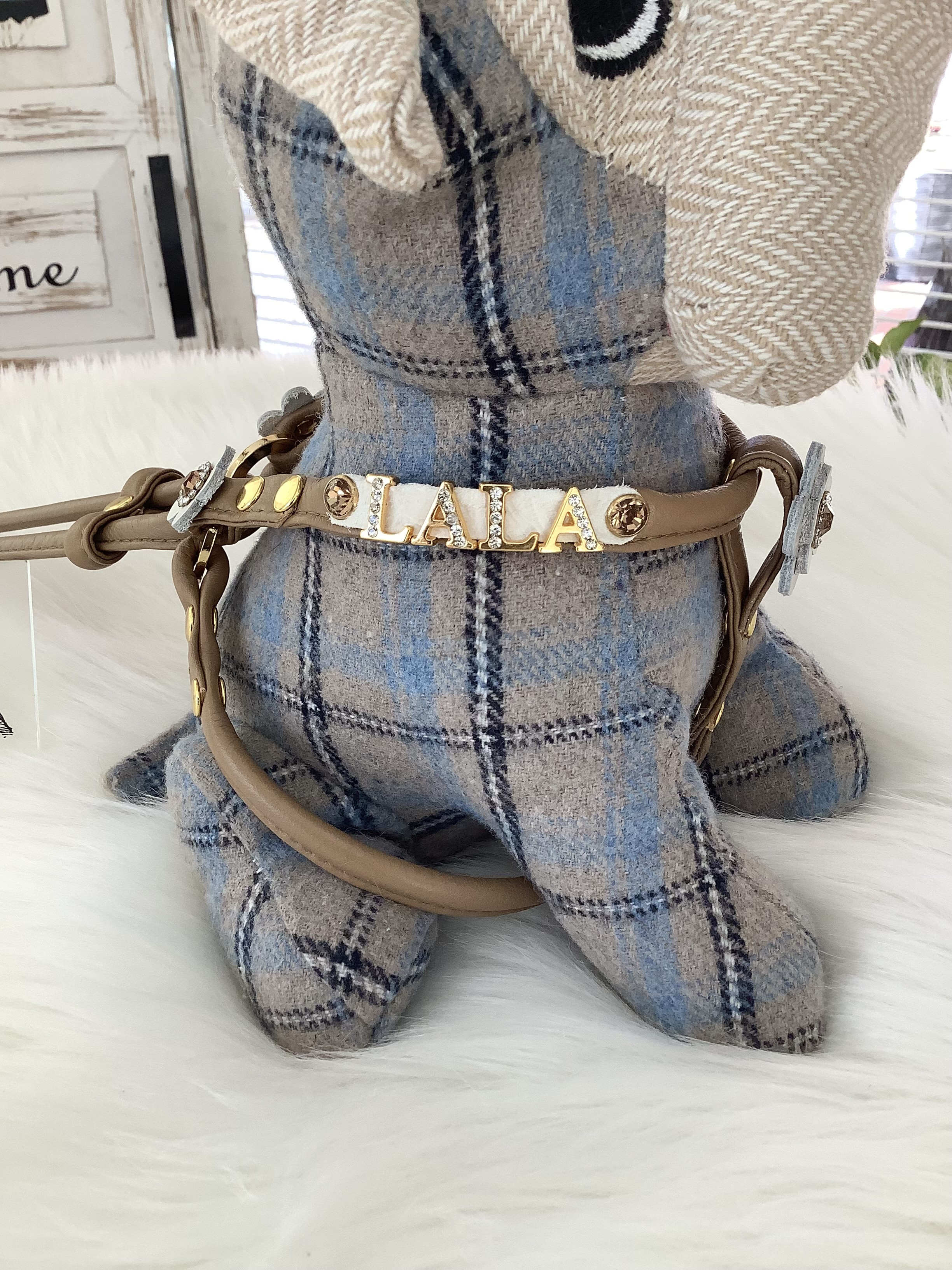 小型犬用　MEARISオリジナル本革ハーネス(受注製作)    キラキラ文字ネーム入り(6文字まで)