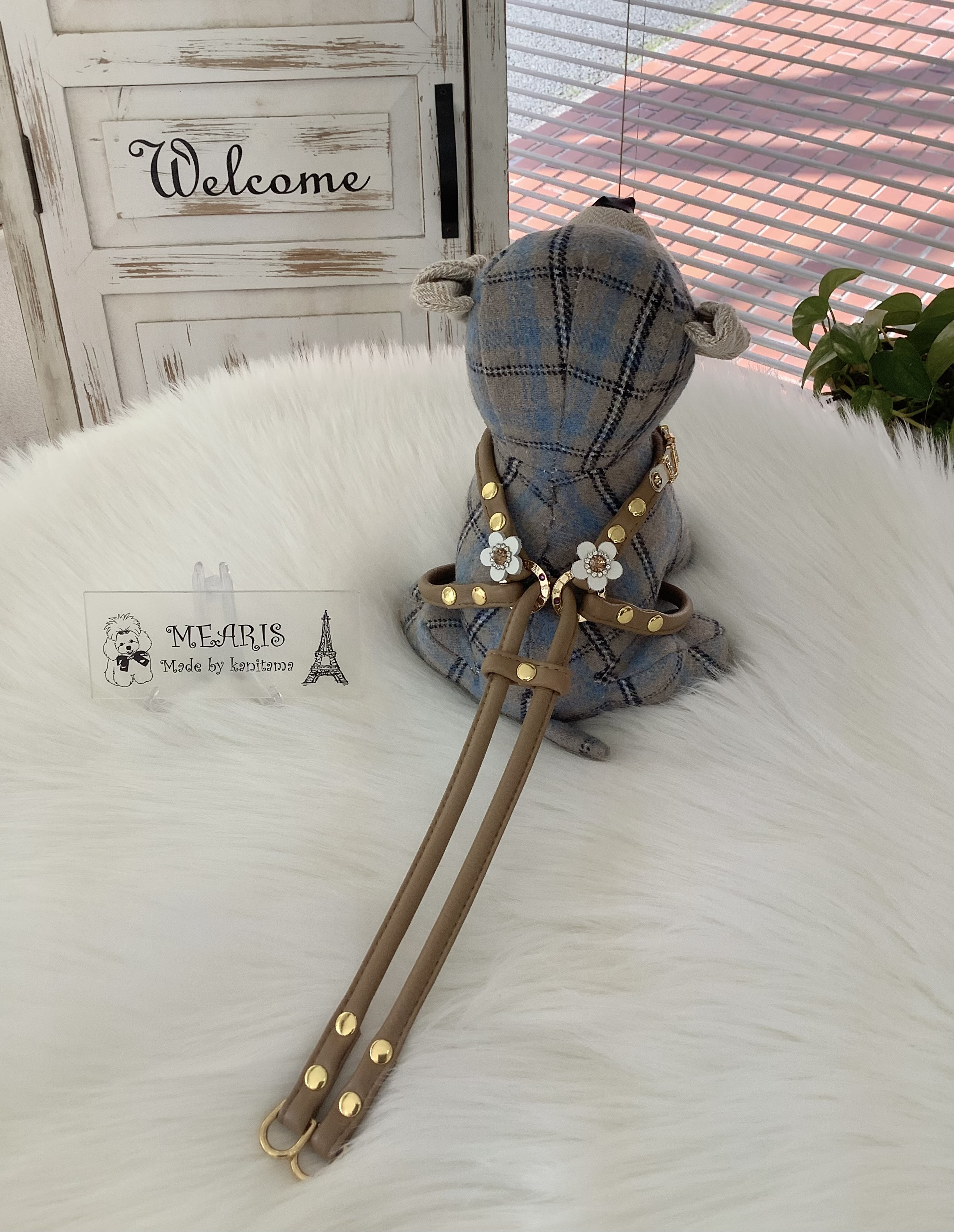 小型犬用　MEARISオリジナル本革ハーネス(受注製作)    キラキラ文字ネーム入り(6文字まで)