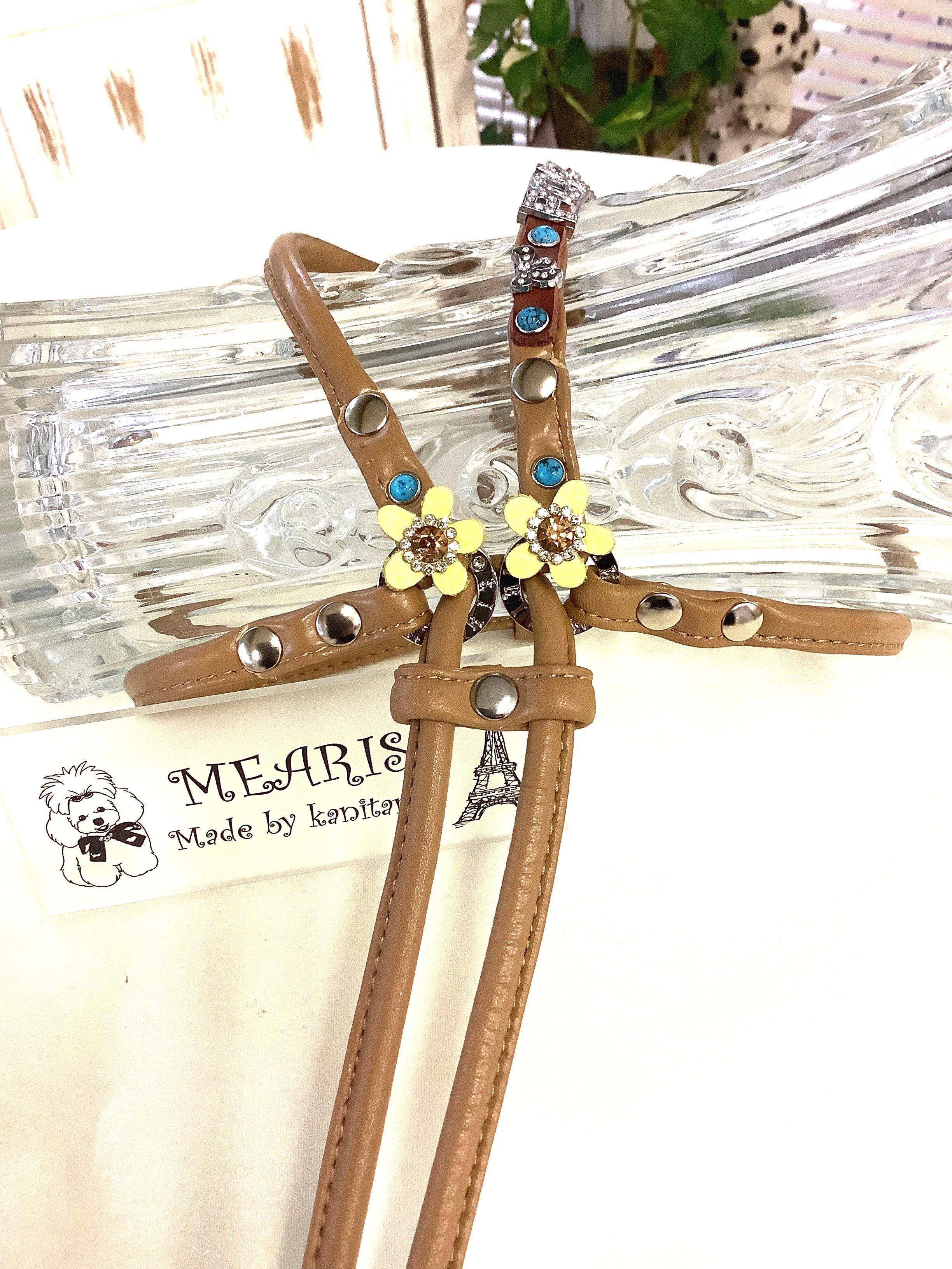 小型犬用　MEARISオリジナル本革ハーネス(受注製作)    キラキラ文字ネーム入り(6文字まで)
