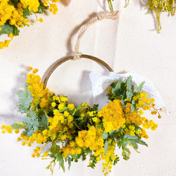 《送料無料》黄色が幸せ呼ぶ　ミモザのハーフリース　母の日プレゼント　　ドライフラワーリース　ドアリース　 3枚目の画像