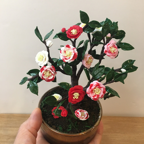 再販しました！》樹脂粘土製 ミニ盆栽〈五色椿〉 盆栽 AB-Hachi Garden