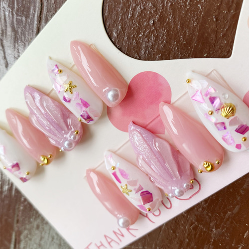 シェルパールオーロラ ネイルチップ ニュアンスちゅるん夏ネイルシェル