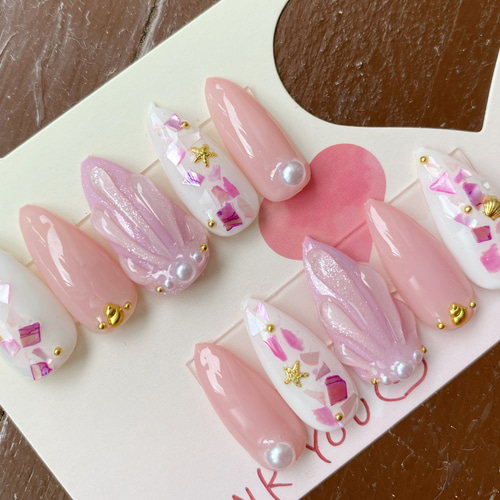 夏ネイル ピンク マーメイド ネイルチップ シェル 貝殻 ニュアンス