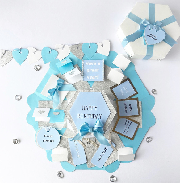 誕生日用】名入れ✳︎2ボックス✳︎六角形サプライズボックス✳︎水色