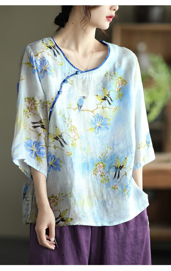春の福袋 母の日 中華風 ビーズバックル ラミー ブラウス 女性 夏 薄いシャツ コットン ブラウス リネンシャツ 8枚目の画像