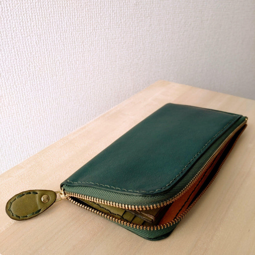 受注生産】【選べる引手カラー】総手縫い/手染め 長財布 緑ヌメ革 L字  