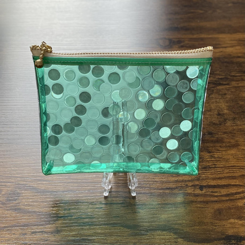 PVCミニポーチ【グリーン×水玉】クリアポーチ ビニールポーチ マスク