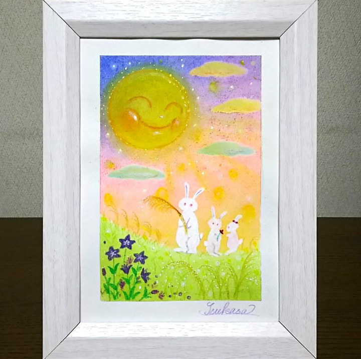 十五夜のパステルアート お月さまとうさぎ親子の語らい パステル画原画