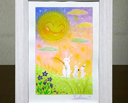 オイルパステル画　月夜のうさぎたち　ご予約品 fit=scale-down,w=1200