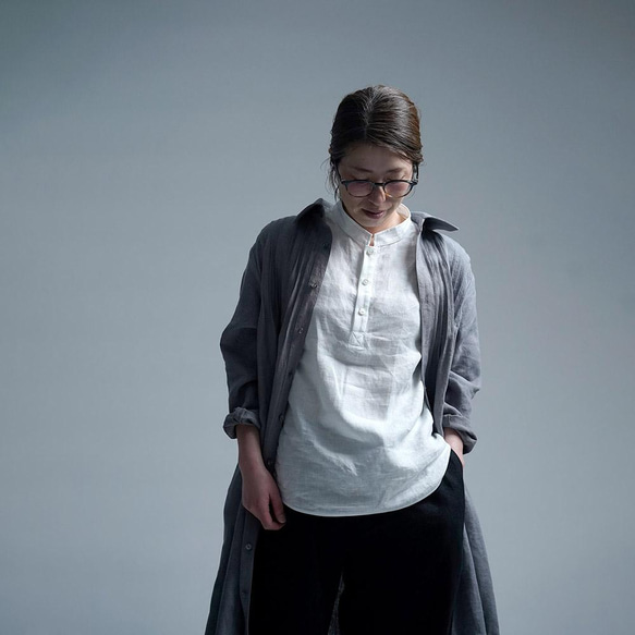 【wafu】雅亜麻 linen shirt スタンドカラー リネンシャツ インナーにも/白色 p005b-wht1 5枚目の画像