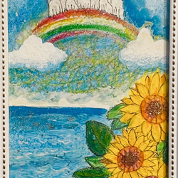 ひまわりと虹と猫　ハガキサイズ原画 3枚目の画像