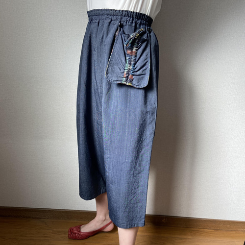 着物リメイク レディースサルエルパンツ 綿 絹紬 ブルー 紺色 着物リメイク レディースサルエルパンツ 綿 絹紬 ブルー 紺色