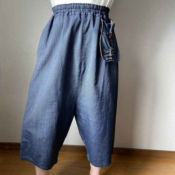 着物リメイク　レディースサルエルパンツ　綿絹紬 着物リメイク レディースサルエルパンツ 綿 絹紬 ブルー 紺色