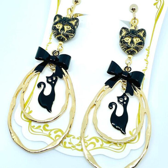 ノンホールイヤリング 猫と月 ノンホールイヤリング 猫と月 Blue Cat 猫 シルエット