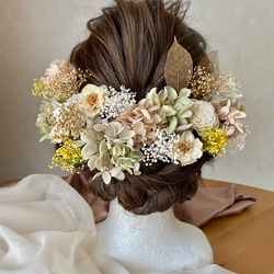 w07成人式　結婚式　卒業式　オレガノグリーン×ベージュ、アンティーク風髪飾り 2枚目の画像