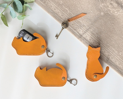 送料無料】猫のシルエット スマートキーケース キーホルダー 本革