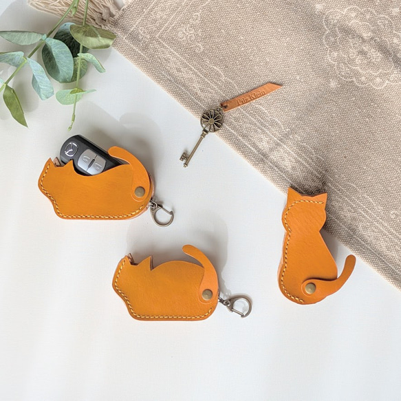 送料無料】猫のシルエット スマートキーケース キーホルダー 本革