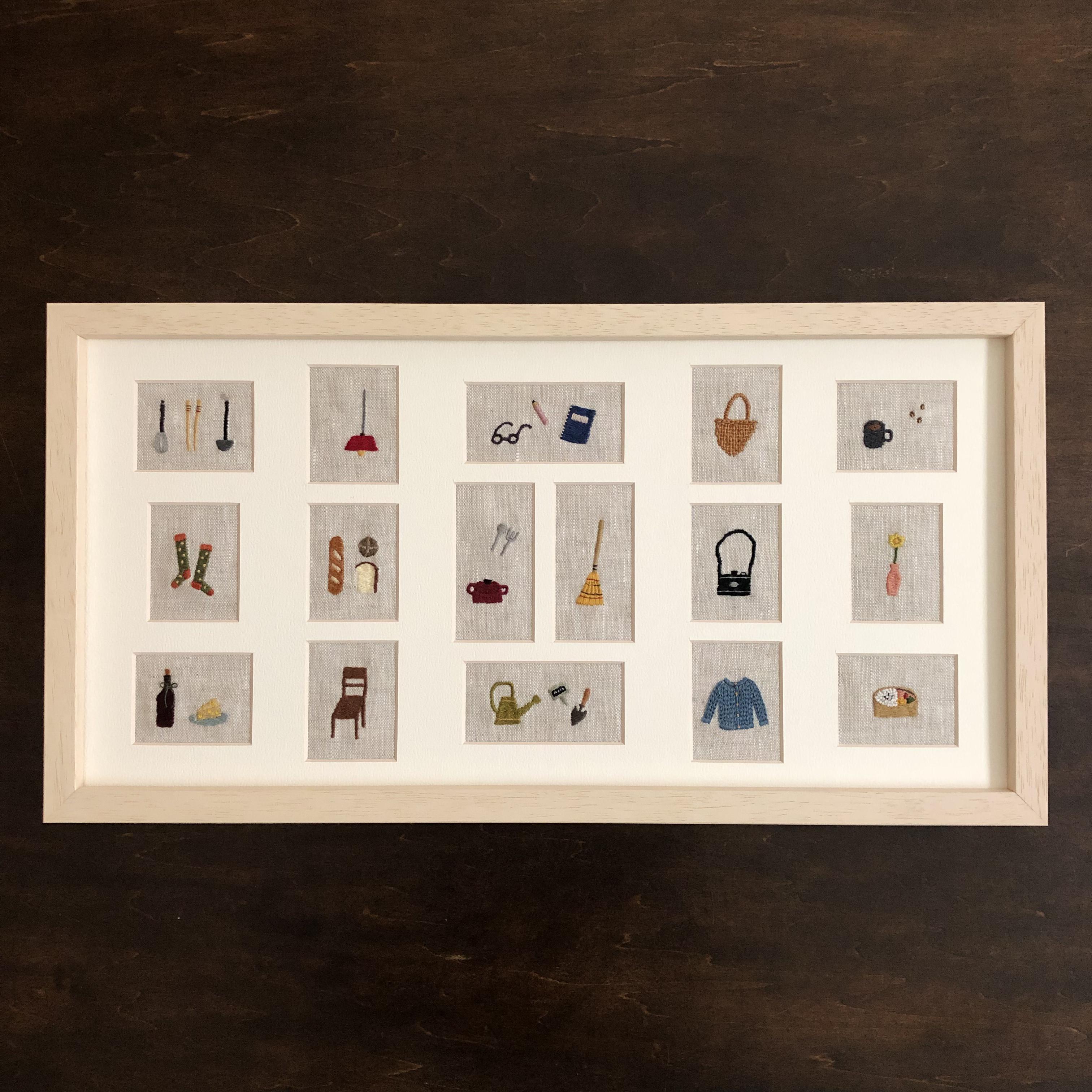 【オーダー作品】40㎝×20㎝暮らしシリーズ…リネン手刺繍額縁セット