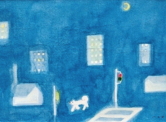 原画「夜の散歩」水彩イラスト  ※木製額縁入り 5枚目の画像