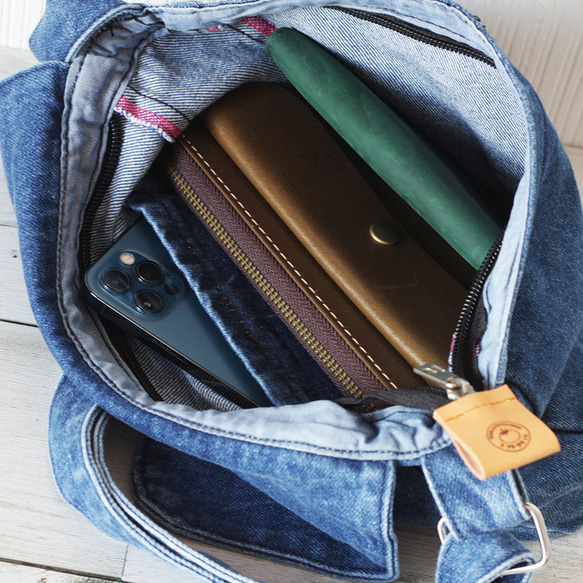 【再販】デニムフラップショルダーバッグ ポシェット 小さい鞄 ヌメ革 かるいかばん B-255 8枚目の画像