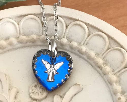 ビンテージ/BIJOUX.M.G/刻印/チェコガラス/ネックレス/ハート/ブルー ビンテージ/BIJOUX.M.G/刻印/チェコガラス/ネックレス/ハート/ブルー