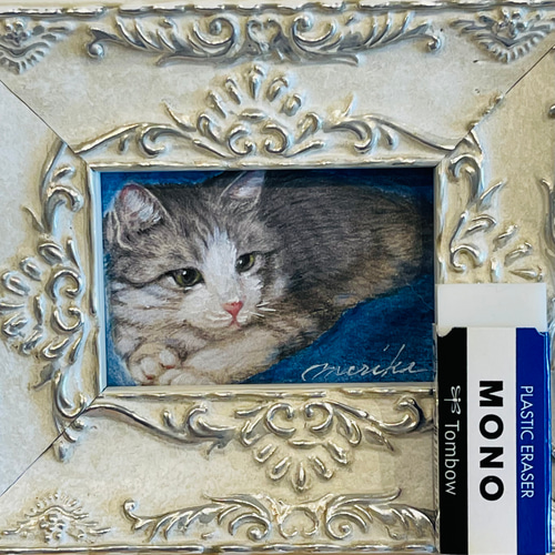 サバ白の猫ちゃん」猫の絵 ミニ額 半原画(プリントに手描き着彩) 絵画