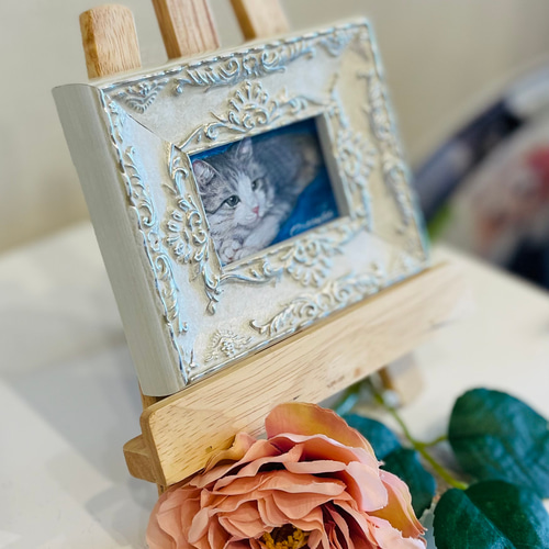 サバ白の猫ちゃん」猫の絵 ミニ額 半原画(プリントに手描き着彩) 絵画