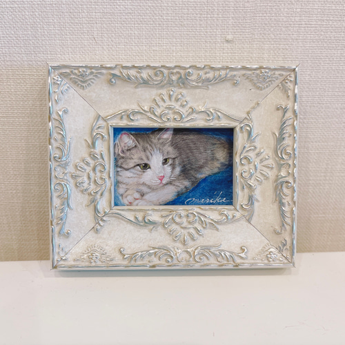 サバ白の猫ちゃん」猫の絵 ミニ額 半原画(プリントに手描き着彩) 絵画
