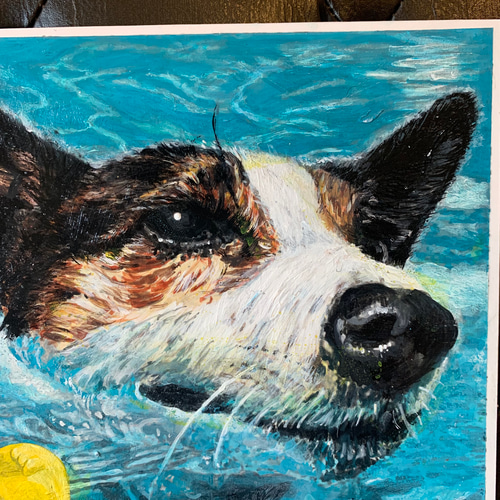 アメリカ人画家　terry　herb作　仔犬をからかって　アクリル画 アメリカ人画家 terry herb作 仔犬をからかって アクリル画 アメリカ人