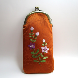 日本刺繍』＊桔梗＊がま口メガネケース・ペンケース ◇金茶色＊紫色