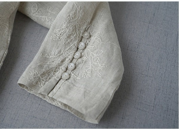 春夏秋3シーズン活躍　リネン100％総刺繍Vネックポケット付き大人可愛い長袖ワンピース♪ 4枚目の画像