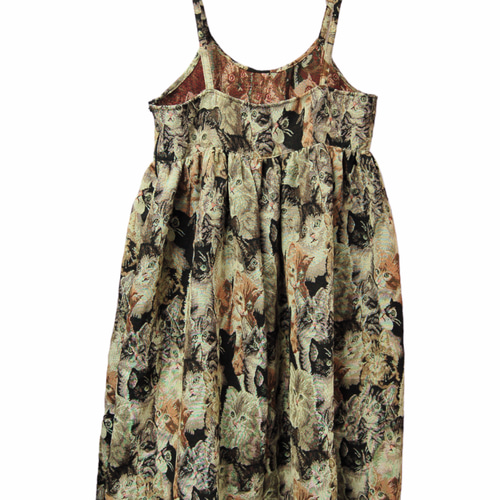 猫柄ゴブラン織 ギャザーフレアロングワンピース ワンピース Hand Made