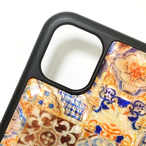 螺鈿風 モロッコのタイル 名入れ可 天然貝シェルiPhone 15 14 13 全