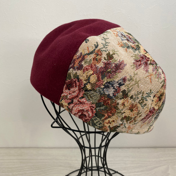 送料無料　ウールとゴブラン織りのベレー帽（ボルドー） 1枚目の画像