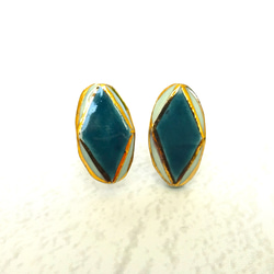 鑽石形金色瓷質耳環/耳環（綠色） 第2張的照片